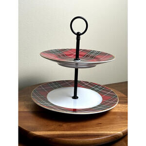 222 Fifth "Wexford Red" Tartan Plaid 2-Tier Ceramic Serving Tray (Holiday Decor)